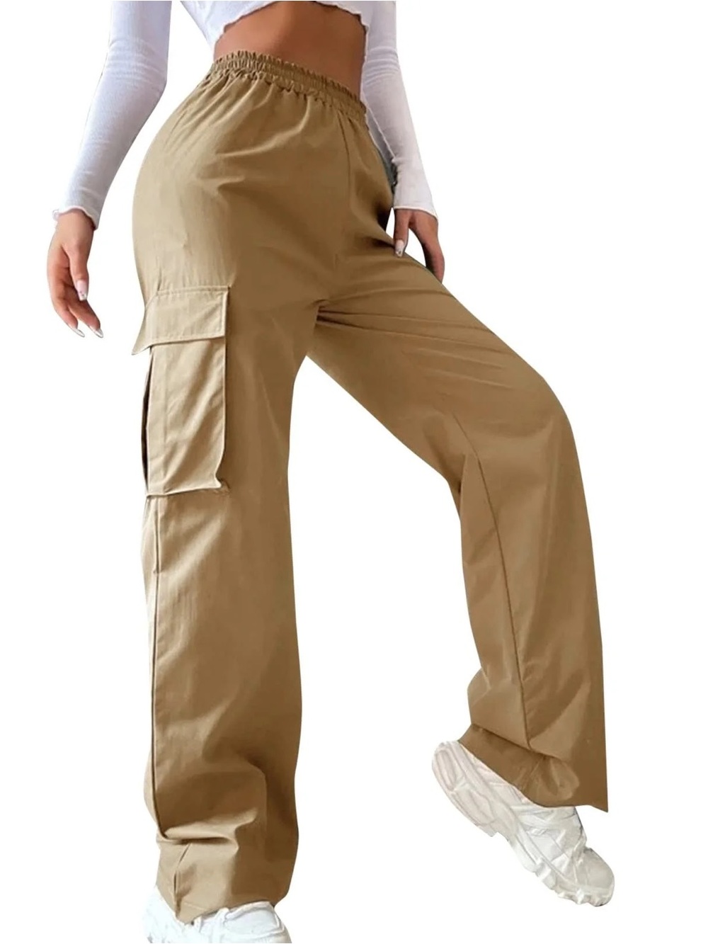 Women Baggy Cargo Pants High Waisted Straight Leg Y2K Utility Tan XL P41-212 H7